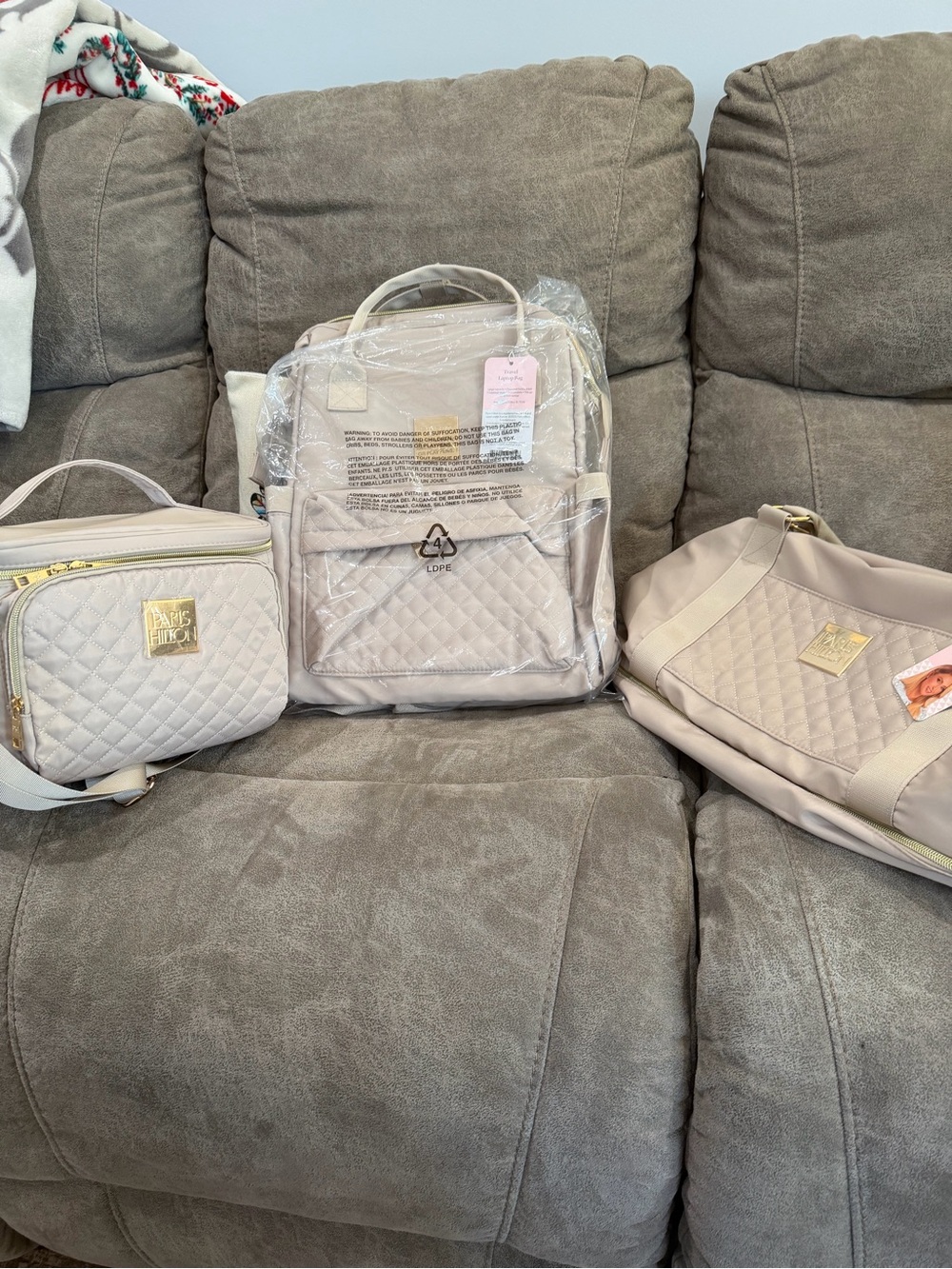 Paris Hilton Beige Quilted Travel Bag Set